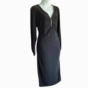 CACHE Elegant Black Ruched Cocktail Dress with Gold Zippers. XL
